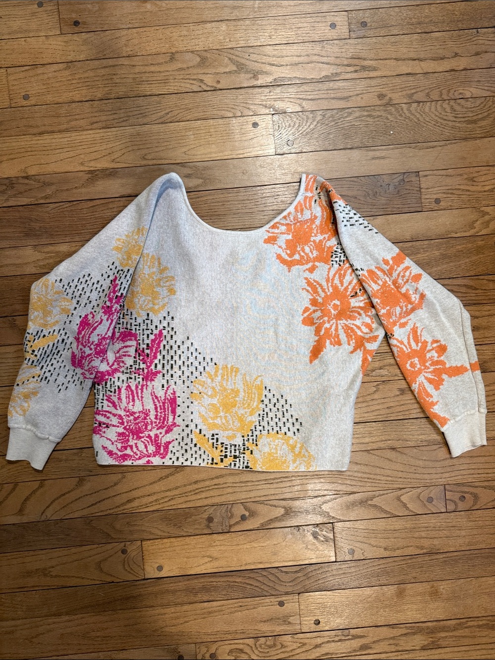 Floral Print Lightweight Cropped Sweater - Cream with Orange, Pink & Yellow